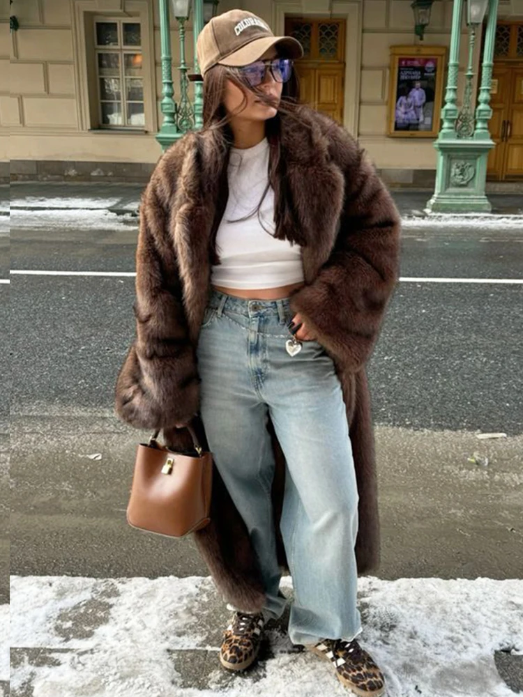 ZADORIN 120 cm Super Long luxe hiver marron fausse fourrure manteau femme élégant ceinturé revers épais moelleux fourrure veste de haute qualité manteaux