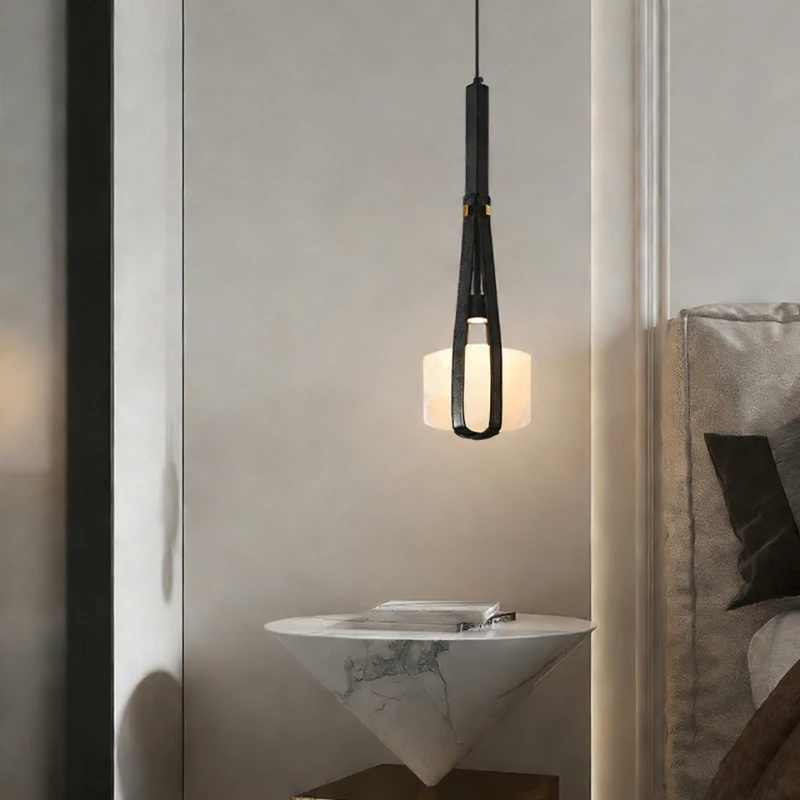 Italian Designer Minimalist Marble LED Pendant Light Modern Creative Leather Singe Head Chandelier Restaurant Study Bedside Lamp