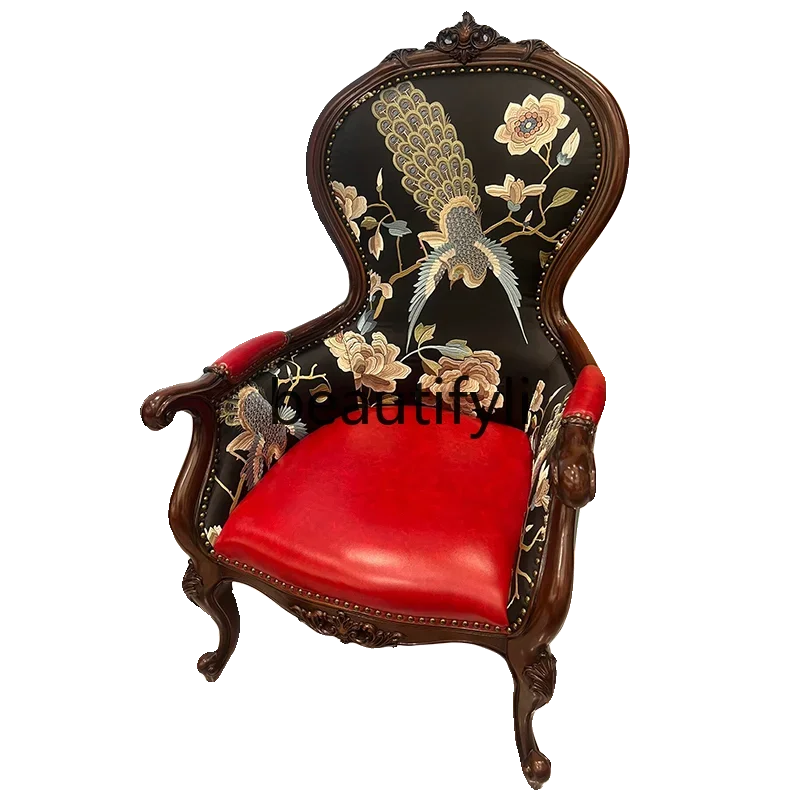 American leather tiger chair all solid wood single sofa chair retro casual peacock print