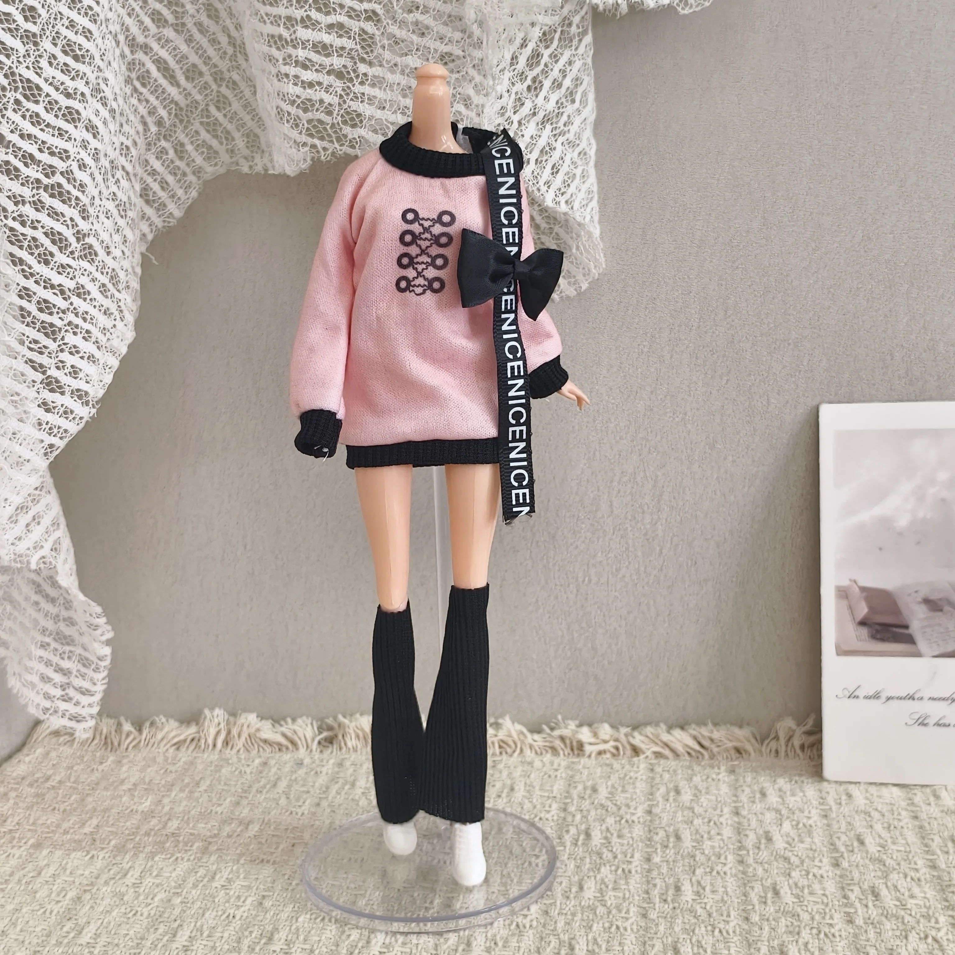 1/6 Doll Clothes Accessories Winter Fashion Bow Hoodie + Foot Covers + Shoes Set For FR 30cm Babi Supermodel Doll Dress Up