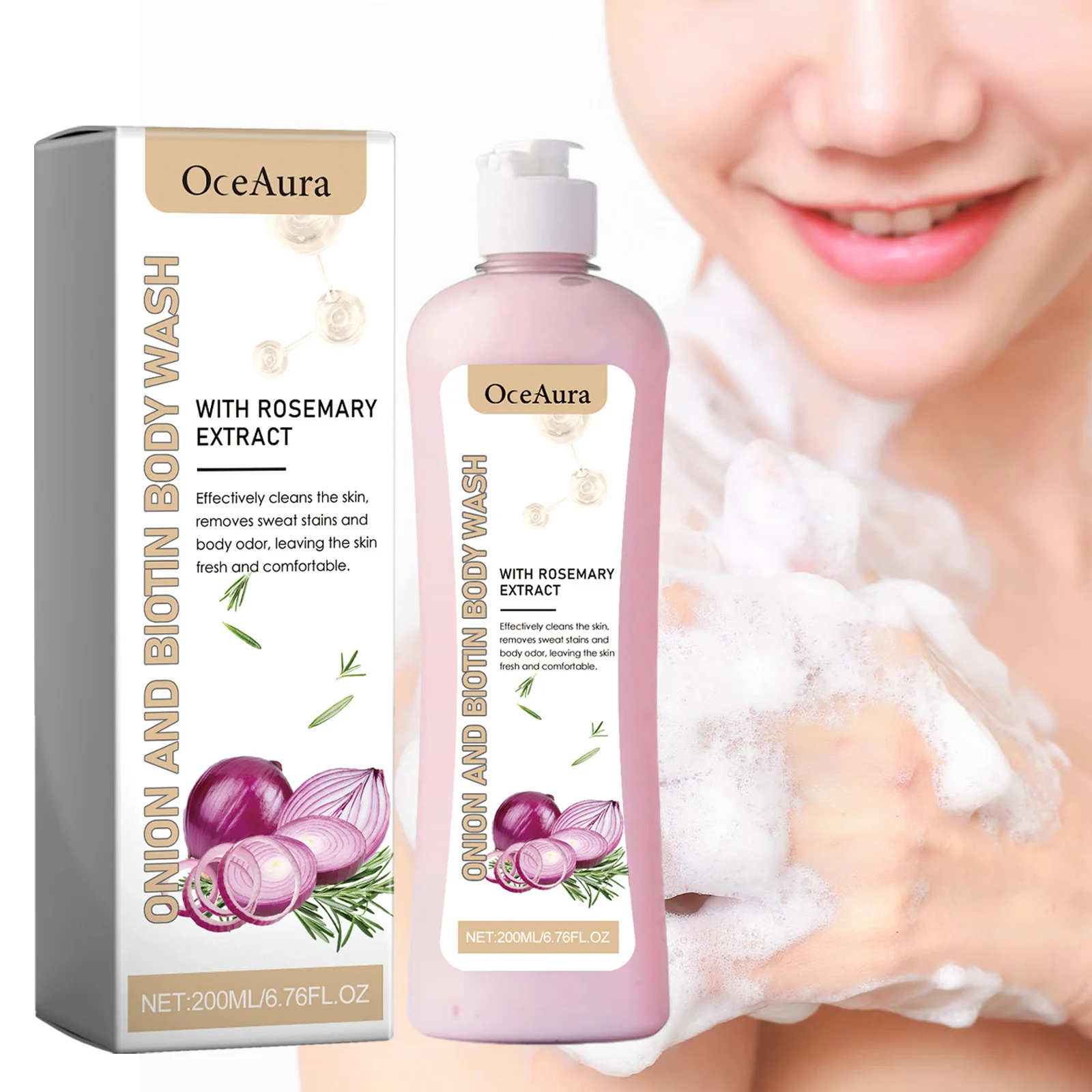 Onion Biotin Rosemary Extract Shower Gel Gentle Cleansing Body Wash Moisturizing Hydrating Long‑Lasting Fragrance Bath Skin Care