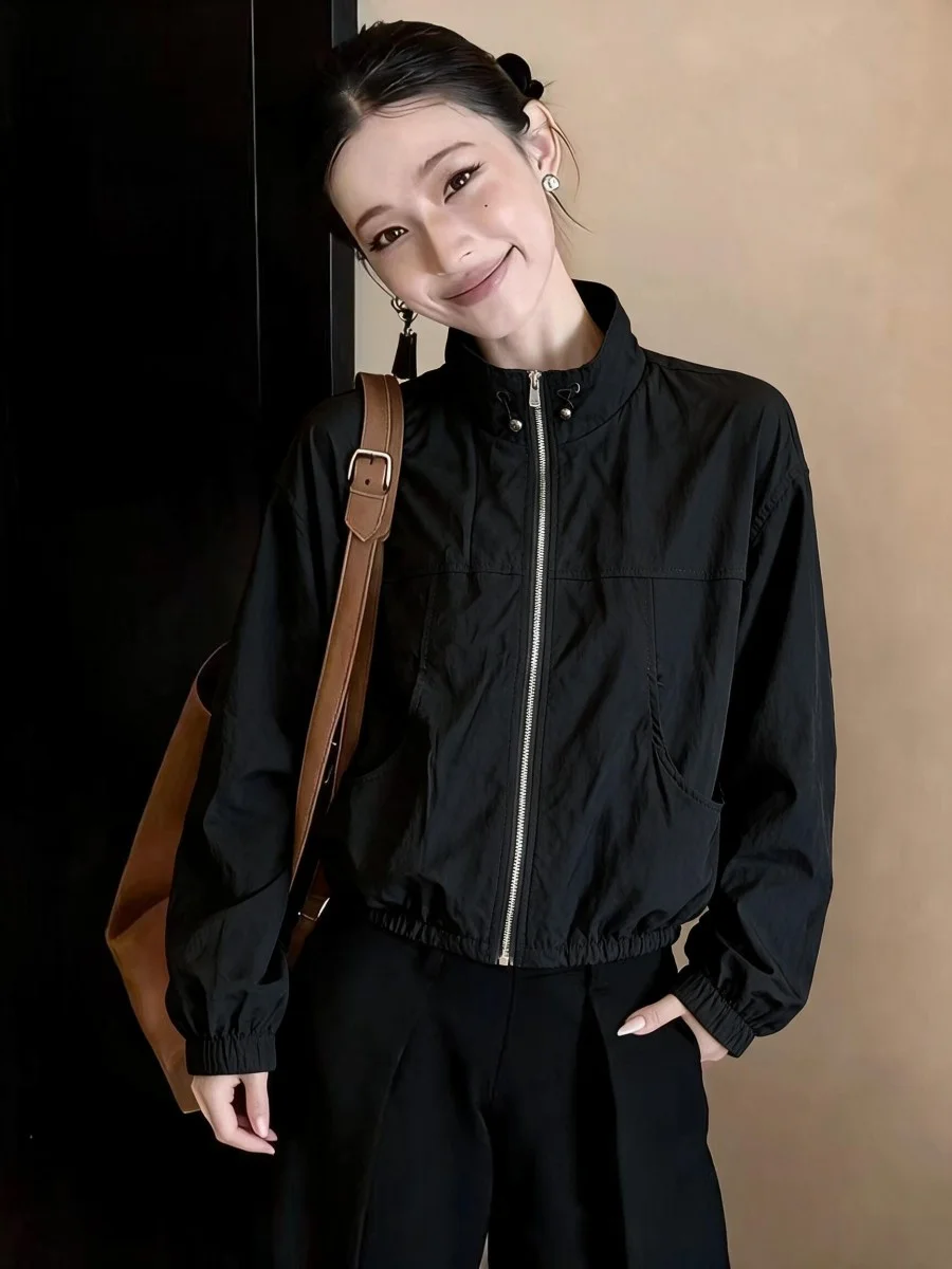 Early Autumn Short Jacket Women's Korean Version Stand Collar Zipper Loose Black Windproof Coat Simple Style Standard Fit Pol...