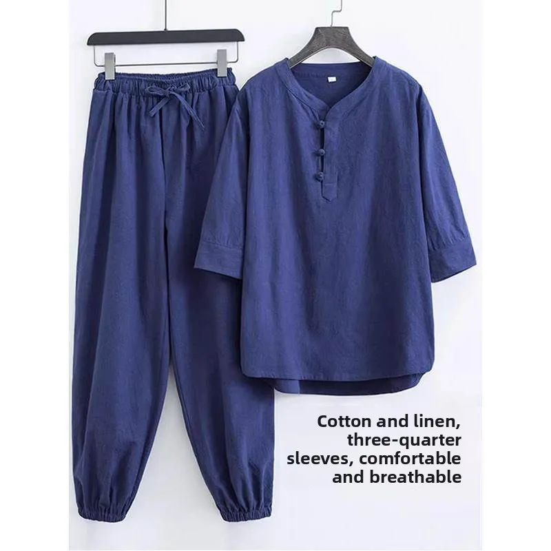 Cotton Linen Zen Style Buddhist Layman's Clothing Set for Men And Women Suitable for Meditation And Worship Long Sleeve Long ...