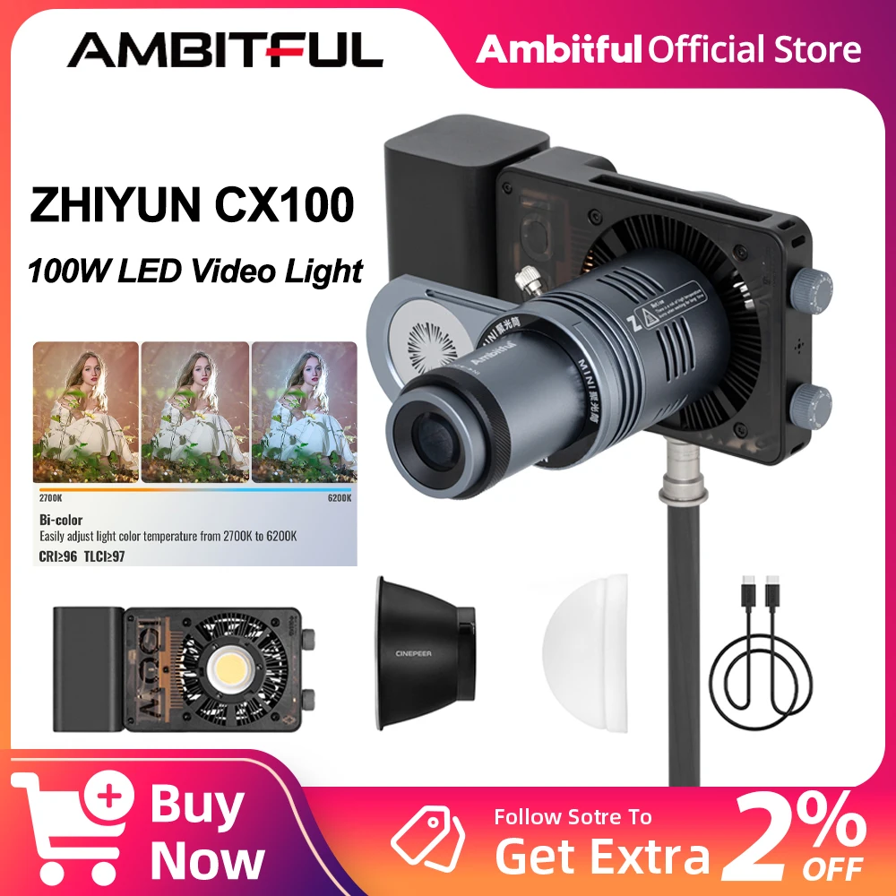 

ZHIYUN CINEPEER CX100 100W Handheld Led COB Light Pocket Video Light Bi Color Photo Fill Light Photography Lighting