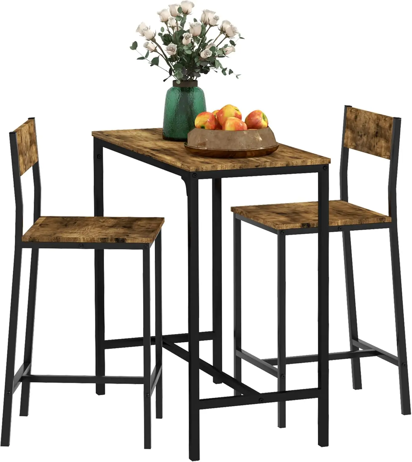 3 Piece Bar Table and Chairs, Industrial Dining Table Set for 2, Counter Height Kitchen Table with Bar stools