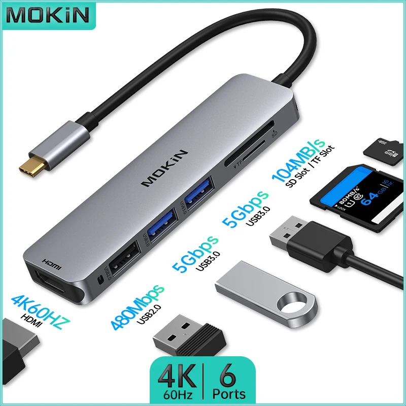

MOKiN 6 в 1 USB-концентратор-адаптер HDMI Док-станция для MacBook Air Pro iPad Thunderbolt Ноутбук USB3.0 HDMI 4K60Hz SD TF