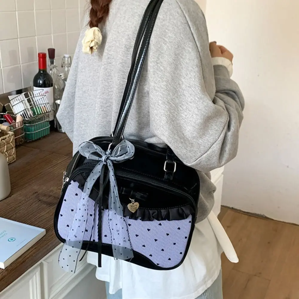 

Vintage Korean Style Bow Ribbon Bowling Bag Elegant Large Capacity Boston Shoulder Bag Lace Ribbon Casual Women Handbags Work