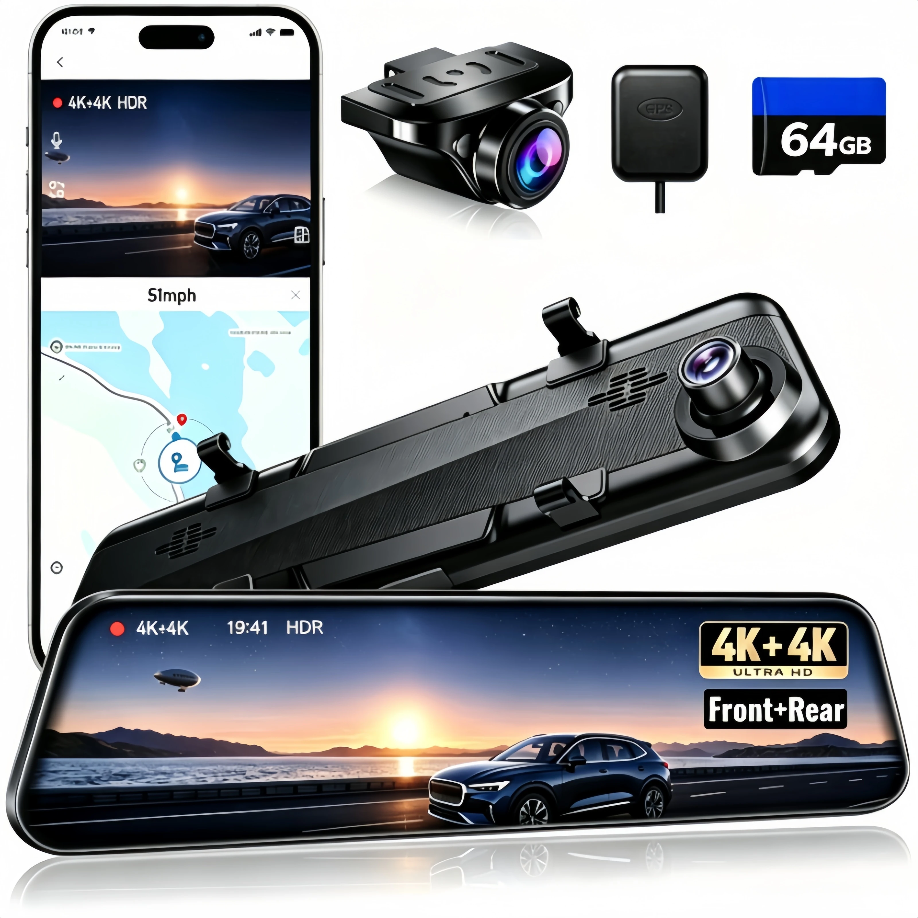 X12 PRO 4K+4K Mirror Dash Cam with ADAS and BSD and LCA, 12''IPS Screen Smart Rear View Mirror with 5.8GHz WiFi,Voice Control, 12 inches Camera Includes 64GB Card, GPS, G-Sensor, Loop Recording
