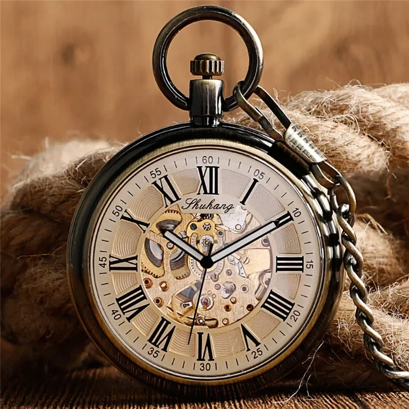 Retro Bronze Men Women Automatic Mechanical Pocket Watch Luminous Hands Roman Numeral Pendant Chain Relogio de bolso Gift