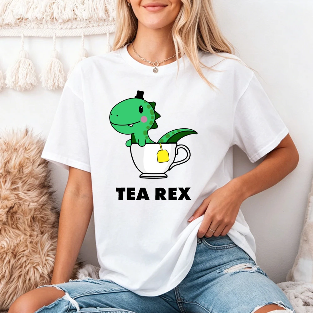 Cute Tea Rex Dinosaur in Cup Graphic T Shirt Women Funny Animal Pun Tee Cartoon Dino Humor Top Ladies Summer T Shirt
