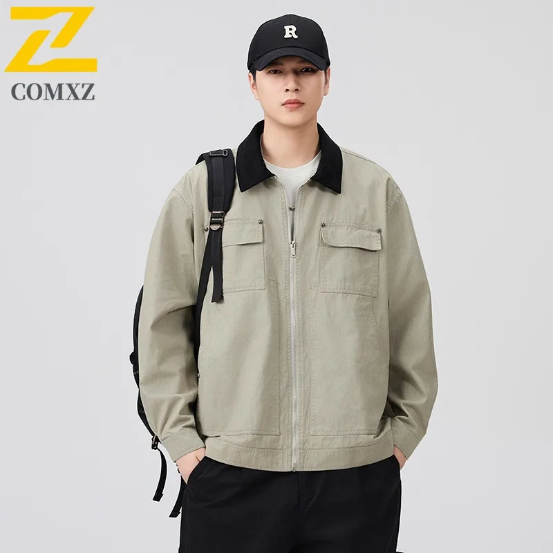 

COMXZ Men Jacket Turndown Collar Outdoor Adventure Windproof Motorcycle Coat Travel Multi Pocket Wear Resistant Autumn Wear