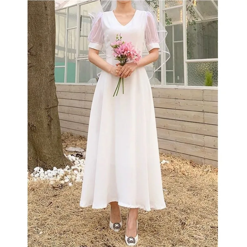 

V-neck Simple Wedding Dresses Elegant Ankle-length A Line Bridal Dress With Short Sleeve New Formal Evening Dress Customized