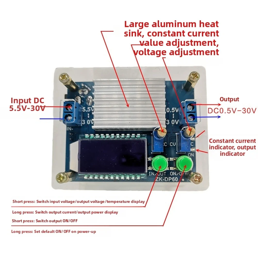 Adjustable DC DC Power Module Bucks Boost 0.5 30V 6A LCD Monitoring Reverse Protection Short Circuit Over Temp Bench Supply Tool