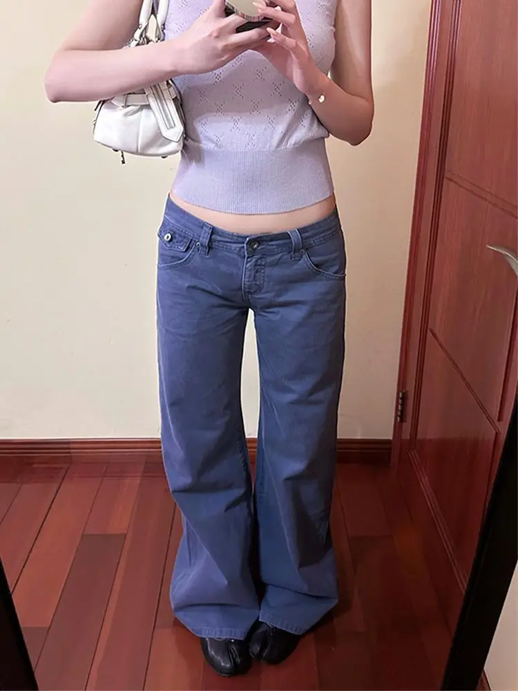 American Retro Low Waist Jeans Women Straight Wide Leg Floor Jeans Y2k Hot Girl Chic Streetwear Daily Casual All Match Popular