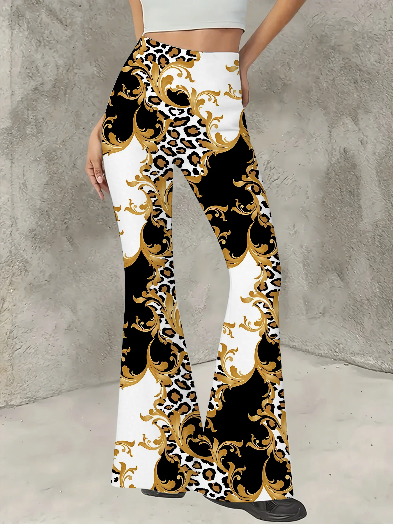 

Women's Boho Printed Flare Pants Vintage Knit High Waist Wide Leg Trousers
