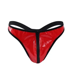 Sexy Shiny PU Leather Thong Men's Zipper Panties Lingerie Low Waist Male Bikini Pouch G-String Man T-Back Briefs Underwear Dance