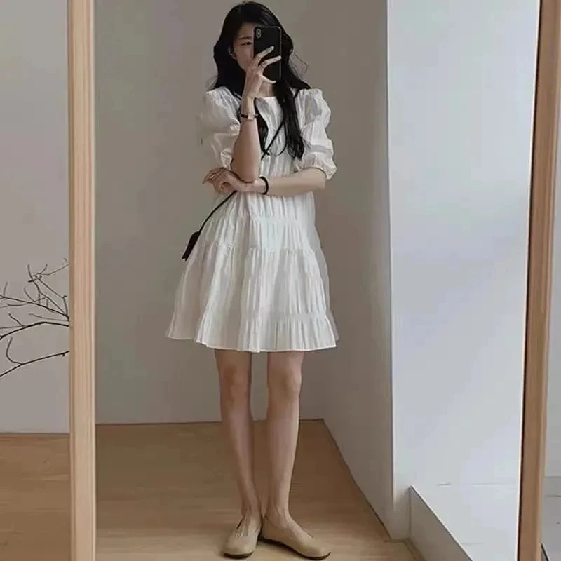 Bubble Sleeve French Simplicity Dress Summer Casual Women Elegant Self-cultivation Ladies Woman Dresses New Dress