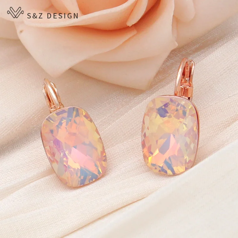 S&Z DESIGN New Fashion Rectangle Colorful Crystal Dangle Earrings For Women Wedding 585 Rose Gold Color Jewelry Eardrop