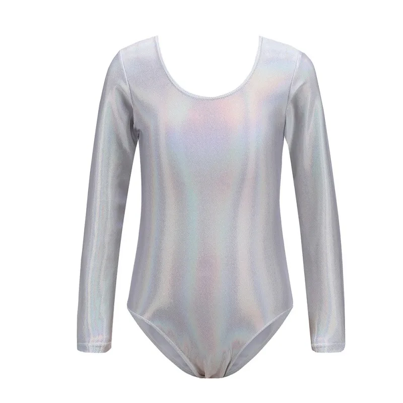 Kids Girls Ballet Dance Leotards Gymnastic Costume Long Sleeve Shinny Metallic Dance Leotard Bodysuit Ballet Training Wear 1-12Y