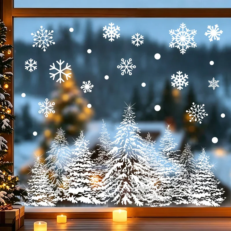1pc Christmas Window Sticker Snowflake Pine Tree Static Glass Decal Winter Forest Window Cling for Home Shop Party Decoration