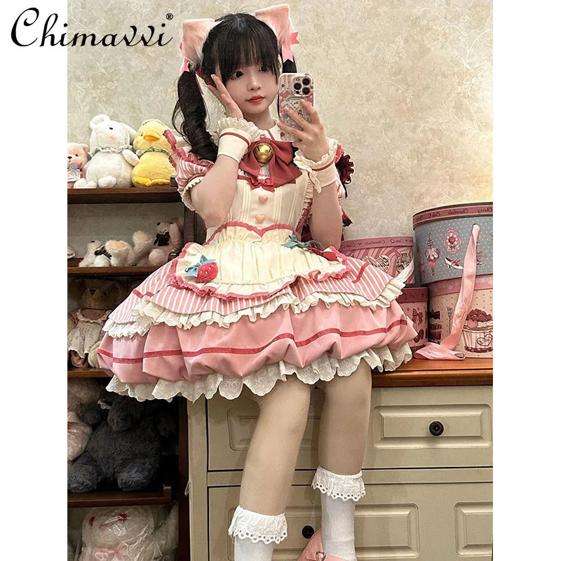 New Sweet and Cute Bow Girls Women OP Pink Bud Dress Lolita Daily Short Sleeve Kawaii Cosplay Lo Princess Short Dresses