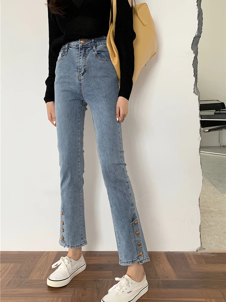 High Waist Slim Fit Straight Leg Jeans Women's Elastic Slit Denim Pants Autumn New Style plus Size Wide Leg Trousers