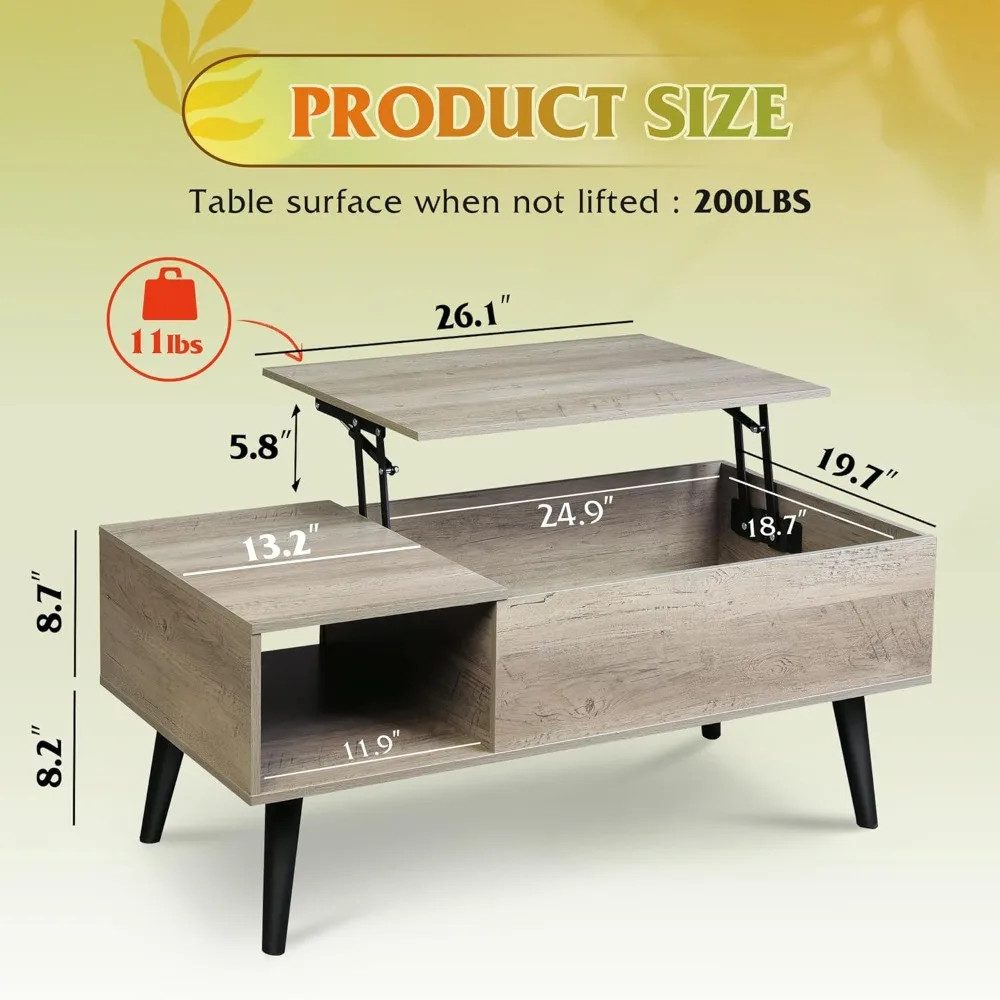 Rising Storage Coffee Table for Living Room, Small Wooden Lift-Top Dining Table with Storage Space, Versatile Center Table with