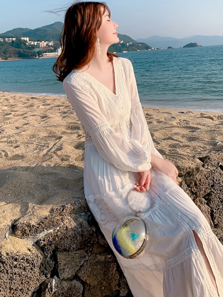 SMTHMA Summer Lace Dress Beach Holiday Boho White Linen Cotton Plus Size Long Dresses for Women Hollow Out Casual Robe Vestidos