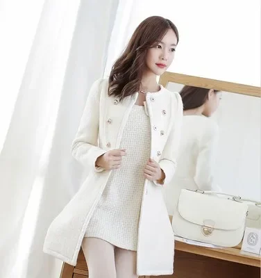 Pop 2025Autumn Winter Women Woolen Jacket New Style Fashion Fur Collar Mid-Long Blends Coat Thicken Double-faced Plush Coat
