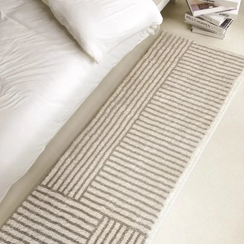 

Rug for Bedroom Bedside Floor Mat Long Carpet Beige Minimalist Striped Home Decoration Rugs Living Room Carpets Soft Fluffy