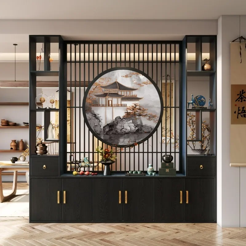 New Chinese-style screen partition, living room, home entrance, facing the door, entering the door, blocking the large apartment