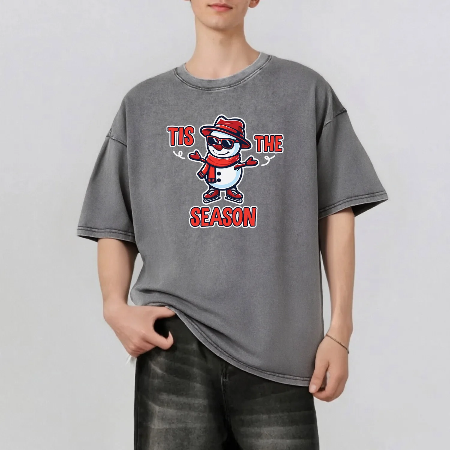 

Christmas Snowman Graphic Printing Men's Summer Retro Style Washed Water T-Shirt Casual Short Sleeved Basic Men's Top 230G