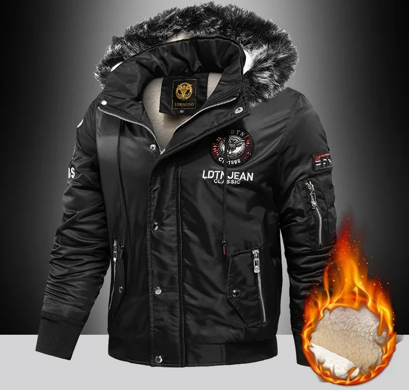 

Men's Aviator Jacket Winter Warm, Windproof Waterproof Hooded Coat with Lined Fleece, Embroidered Badge & Raw Edge
