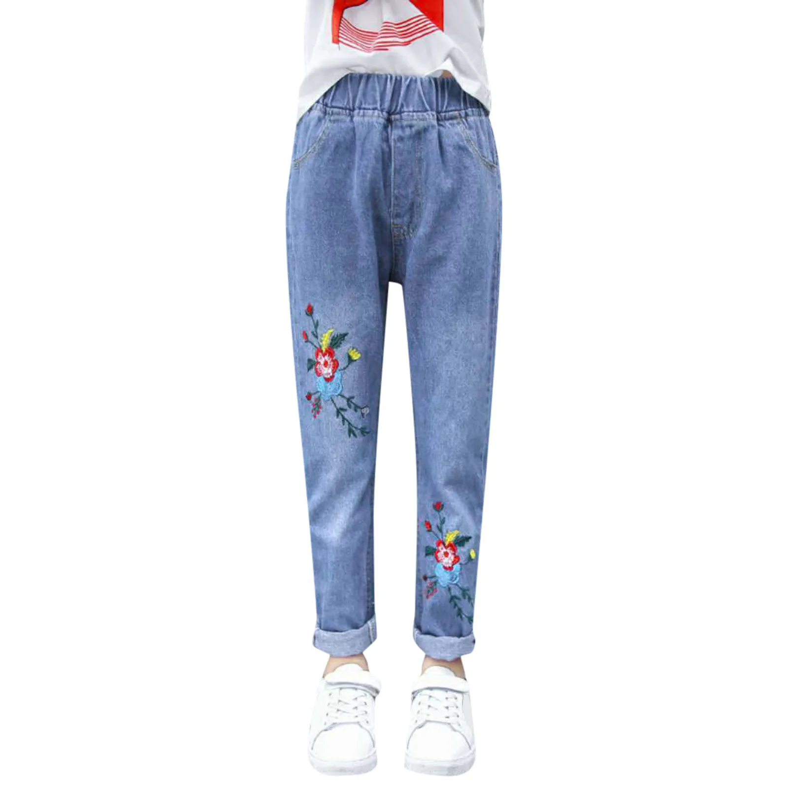 2024 New Autumn Kids Flower Jeans Girls Korean Embroidered Flower Trousers Children Denim Blue Pants Casual Loose Pants