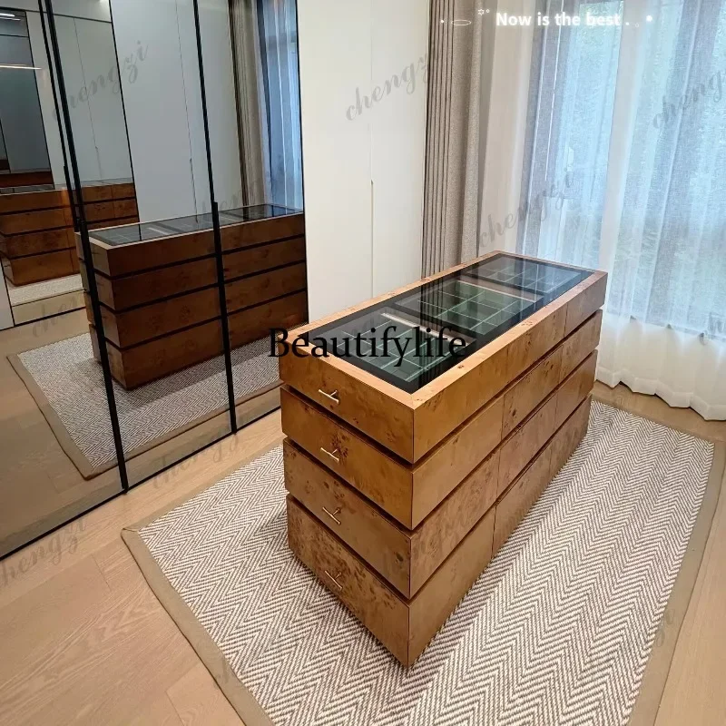 03 Medieval solid wood glass chest, simple multi-layer storage locker, log color, high-end pomegranate leather jewelry cabinet