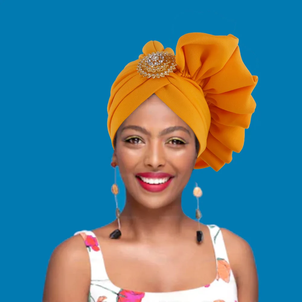 

Big Diamond Flower African Headtie Ruffled Pleated Turban Cap Fashion Women Party Headdresses Headgear Hat Wedding Headpiece