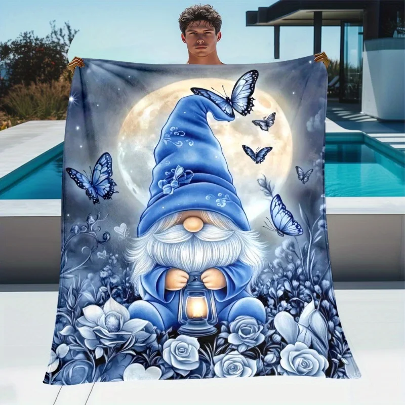 1 Stück blaue Zwergen- und Schmetterlings-Überwurfdecke – leichtes Flanell, weich und warm, Ganzjahresgebrauch für Sofa, Outdoor, Camping
