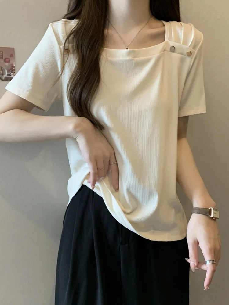

Ice Silk Short Sleeve T-Shirt Women's Summer Fashion plus Size Slimming Design Square Collar Beautiful Small Shirt Korean Style