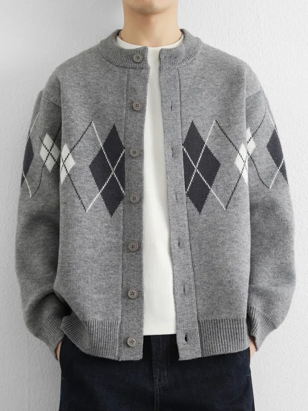 

Casual Knitted Men's Sweater Coat Diamond Pattern Spring Autumn Wear Comfortable Breathable Long Sve round Ne Top