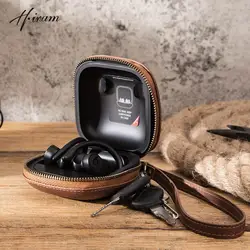 Luxury genuine cowhide leather vintage wireless earphone cases for powerbeats pro retro casual zipper earphone  accessories