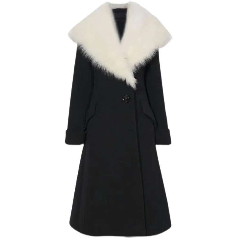 

Black Woolen Coat for Women, Big Fur Collar, Heavy Design, Warm Winter Fashion, 10253