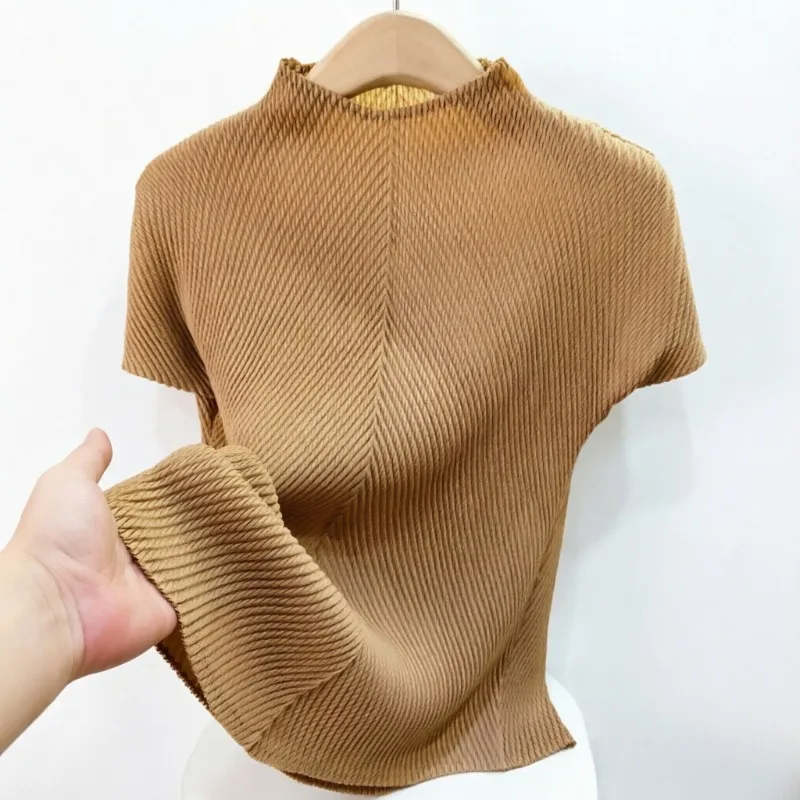  Stand-up Collar Solid Color Pleated Short-sleeved T-shirt Versatile Tight Tops Female Summer New Simple Office Clothing