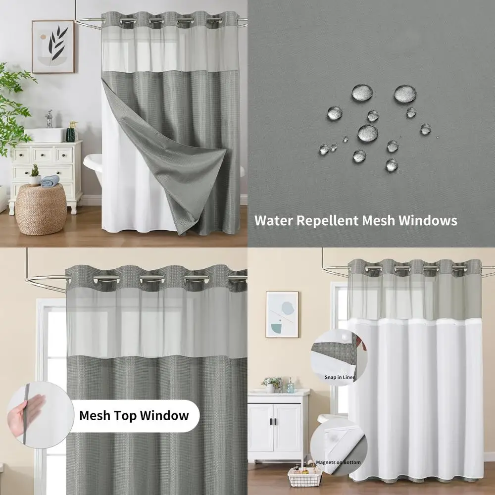 

Занавеска для душа без крючка с тканевым вкладышем, сверхмощные толстые занавески для душа вафельного переплетения с сетчатым верхним окном, гостиничный стиль