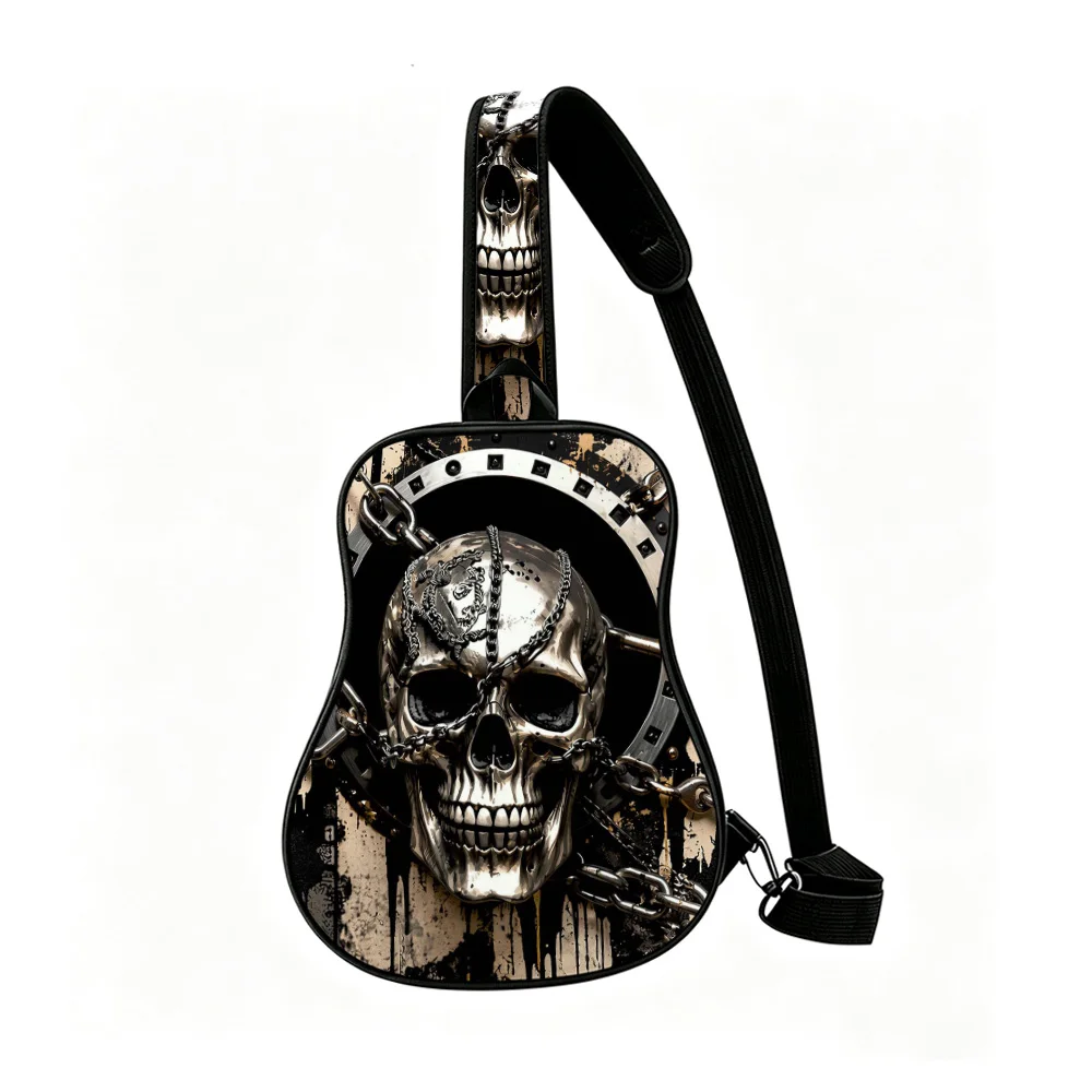 Metal skull chains art Men's Guitar Chest Bag, Sling Bag with Adjustable Strap, Travel Weekend, Stylish Casual Shoulder Pouch