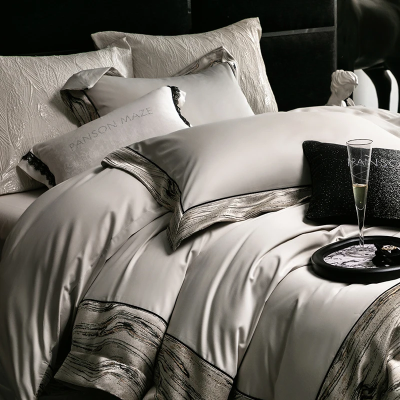 1000TC Egyptian Cotton Grey Luxury Embroidery Bedding Set Ultra Soft Silky 1 Duvet Cover Set, 1 Fitted/Flat Sheet, 2 Pillowcases