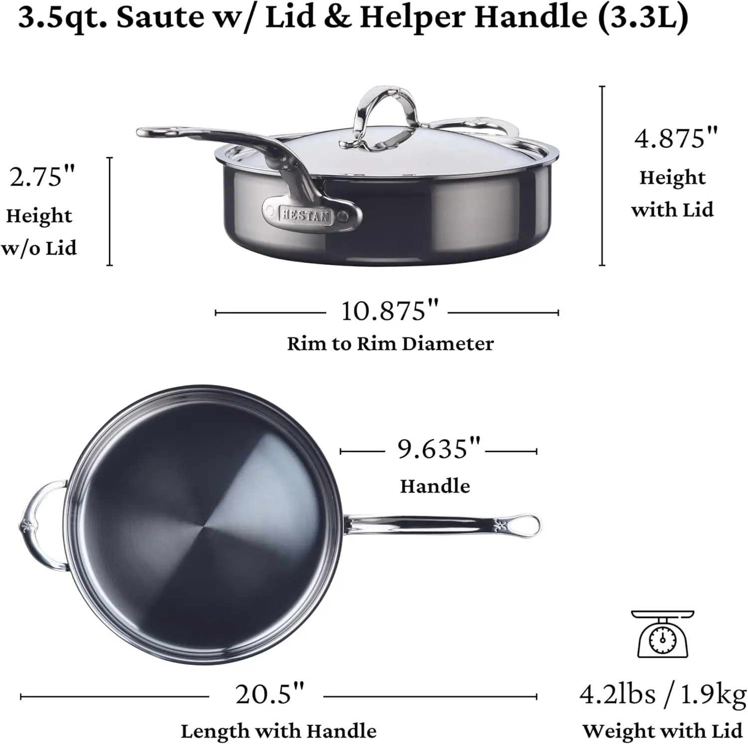 Hestan - NanoBond Collection - Titanium Stainless Steel 3.5-Quart Sauté Pan with Lid - Toxin, PFAS, & Chemical Free Clean Cookwa