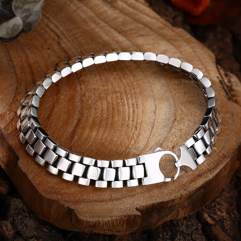 S925 Pure Silver Retro Personalized Fashion Tank Chain Watch Strap Bracelet Men's And Women's Gifts