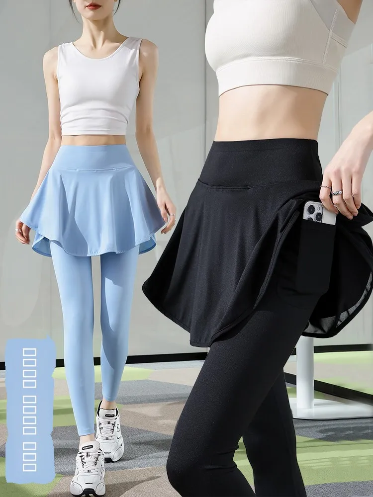 Calças Esportivas de Cintura Alta para Mulheres com Calças de Yoga e Saia para Corrida, Novo Modelo Primavera Verão