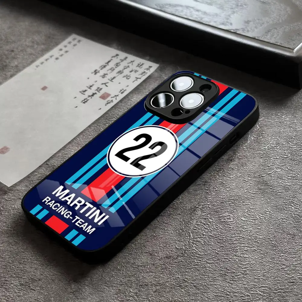 MartiniES Racing horizontale Streifen-Telefonhülle für iPhone 17, 16, 16e, 15, 14, 13, 12, 11, Air Pro MAX Plus, Glas-Silikon-Rahmenabdeckung