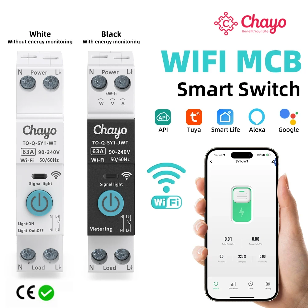 Chayo Tuya WiFi Smart Circuit Breaker 1P+N 6A-63A SY1 DIN‑Rail Energy kWh Volt‑Amp Monitor Timer Voice Remote Home Protection